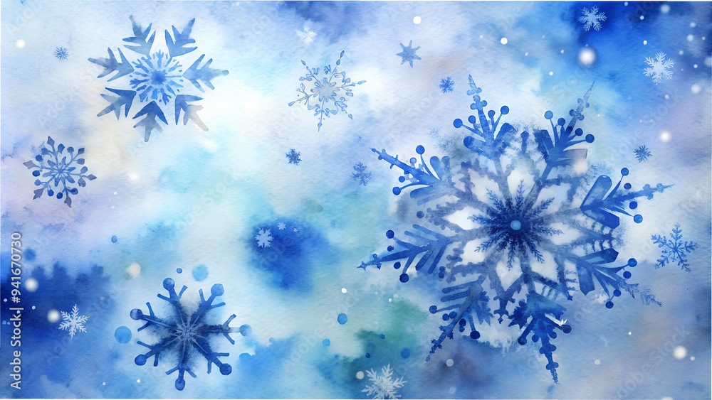 Fototapeta premium Watercolor Holiday Snowflake Background with Intricate Blue and White Snowflakes on Pale Blue Wash, Serene and Wintery
