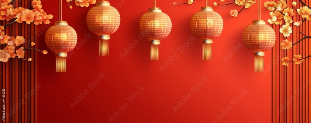 Red lanterns and blossoms adorn the Chinese New Year celebration for 2025, symbolizing harmony and cultural festival . These ornaments reflect the vibrant spirit of the holiday and festive culture Red lanterns and blossoms adorn the Chinese New Year celebration for 2025, symbolizing harmony and cultural festival . These ornaments reflect the vibrant spirit of the holiday and festive culture