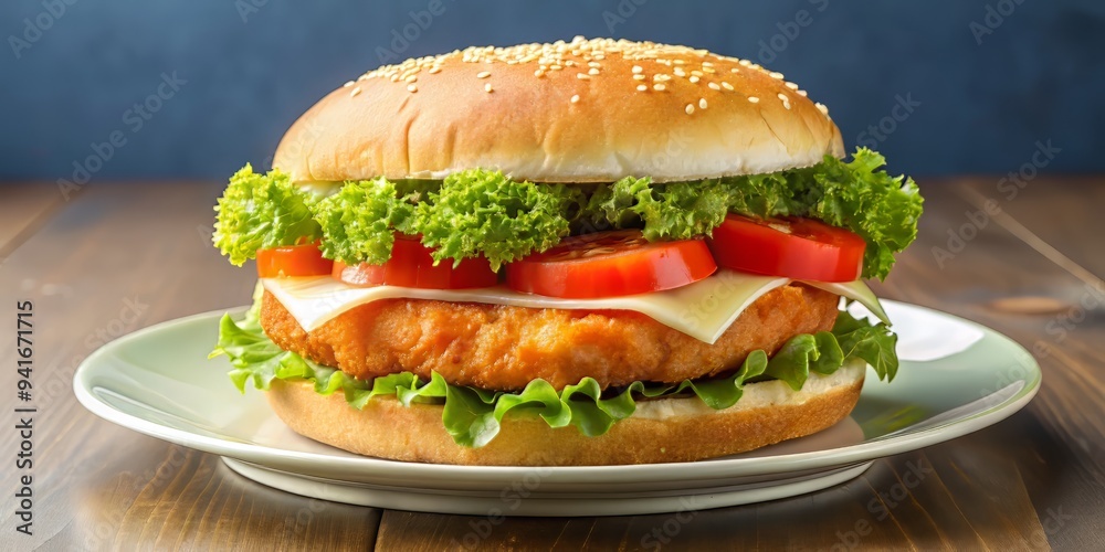 A fish katsu sandwich, comprising a crispy fish patty, shredded lettuce, and a slice of juicy tomato A fish katsu sandwich, comprising a crispy fish patty, shredded lettuce, and a slice of juicy tomato