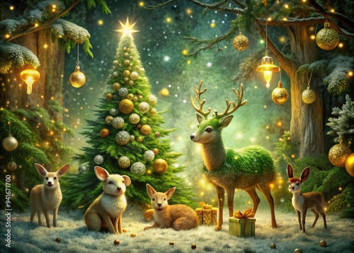 Enchanted Forest Holiday: Magical, whimsical, green and gold, woodland creatures, ethereal photo