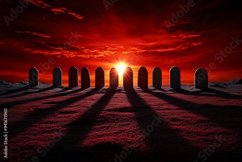 A row of gravestones casting long shadows on a crimson ground, under a blood-red sky