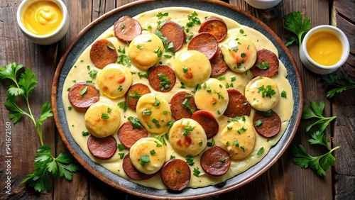 A dramatic overhead shot of Eggs New Orleans, the andouille sausage sliced into thin medallions and arranged artfully around the plate photo