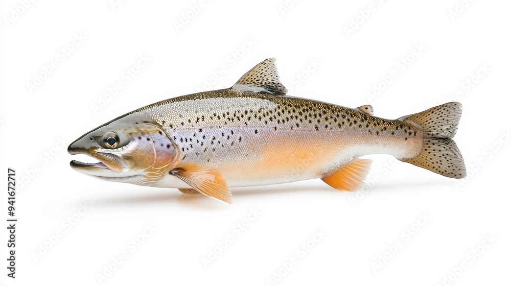Fototapeta premium A single, fresh Black Sea Trout is displayed on a white background. The trout is a symbol of nature, nutrition, and healthy eating. It also represents the beauty of aquatic life and the importance of 