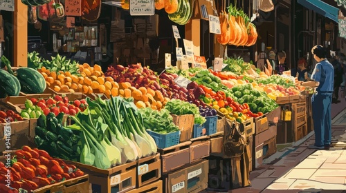 A lively food market scene featuring a rich assortment of fresh fruits and vegetables, creating a colorful and inviting photo