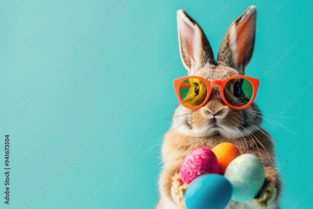 A rabbit poses with a collection of colorful Easter eggs while wearing trendy sunglasses A rabbit poses with a collection of colorful Easter eggs while wearing trendy sunglasses