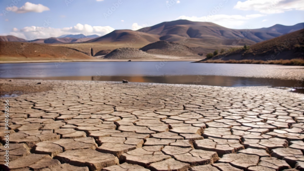 Fototapeta premium Cracked Earth Beside a Lake with Hills in the Background
