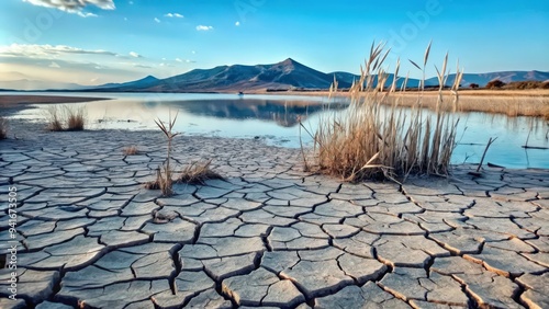 Dried-up lakebed with cracked earth and distant mountains photo