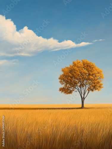 A single, golden-leafed tree stands tall in a vast, golden meadow under a blue sky with a single fluffy cloud. The scene captures the serenity and tranquility of nature, with the warmth of the golden 