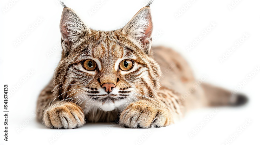 Close-up of a lynx with intense eyes, lying down against a white background. Close-up of a lynx with intense eyes, lying down against a white background.