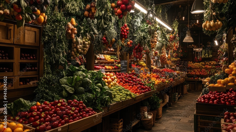 A lively market overflowing with fresh produce, from crisp greens to ripe fruits, beautifully arranged in a vibrant and colorful display