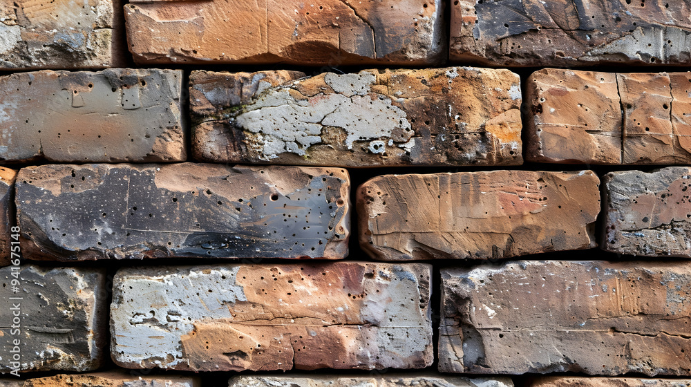 Close up of aged, weathered bricks with visible holes, cracks and discoloration. Close up of aged, weathered bricks with visible holes, cracks and discoloration.