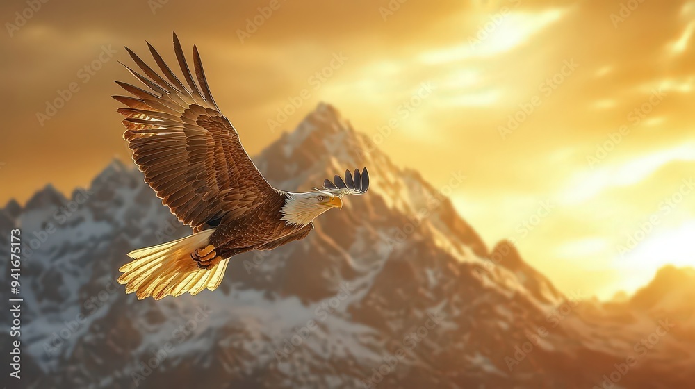 Bald eagle soaring with majestic mountains in the background at sunset. Bald eagle soaring with majestic mountains in the background at sunset.