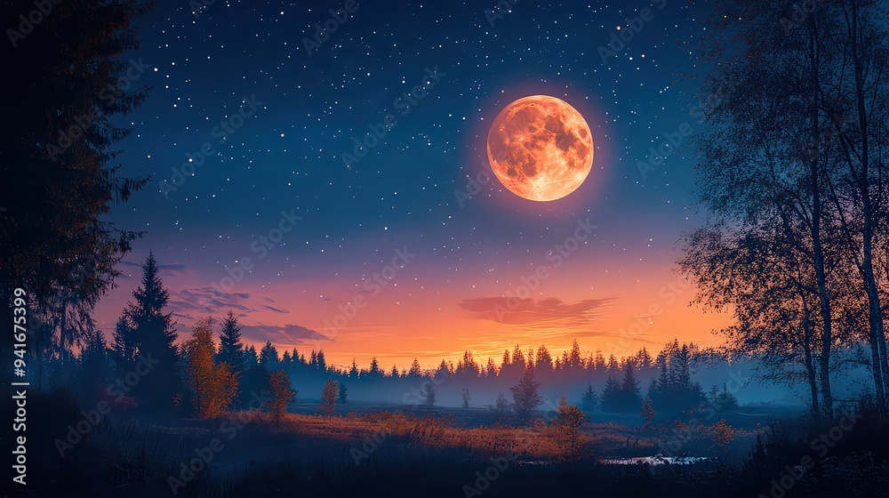 Naklejka premium Red full moon rising over a forest under a starry night sky.