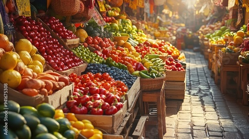 Fototapeta Naklejka Na Ścianę i Meble -  A lively market scene with stalls full of colorful fresh fruits and vegetables,