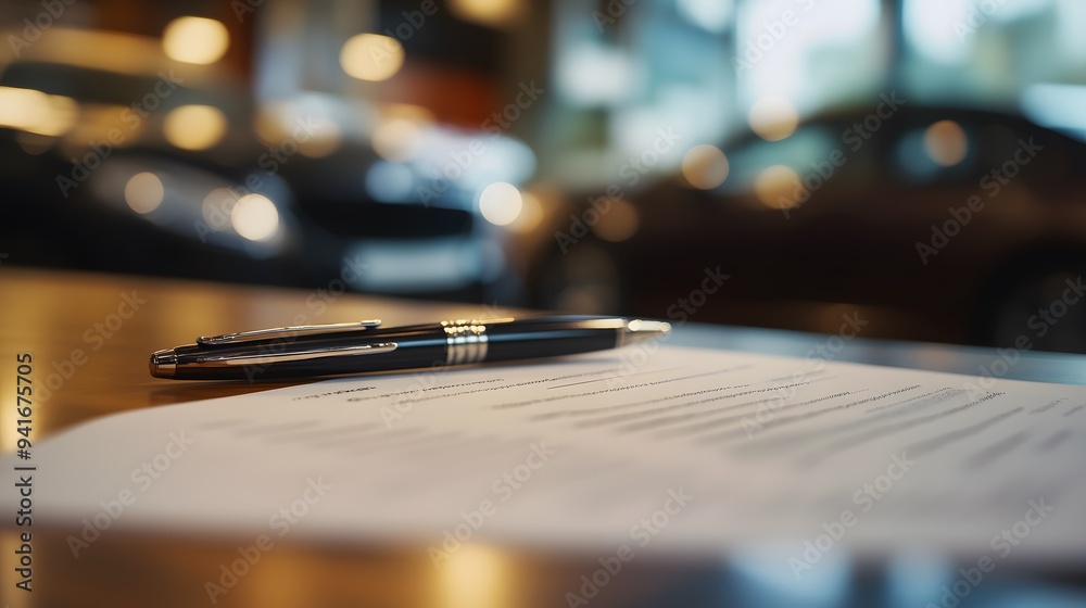 A close-up of an automotive contract lying on top of a table, with cars in the blurred background and people working around it A close-up of an automotive contract lying on top of a table, with cars in the blurred background and people working around it