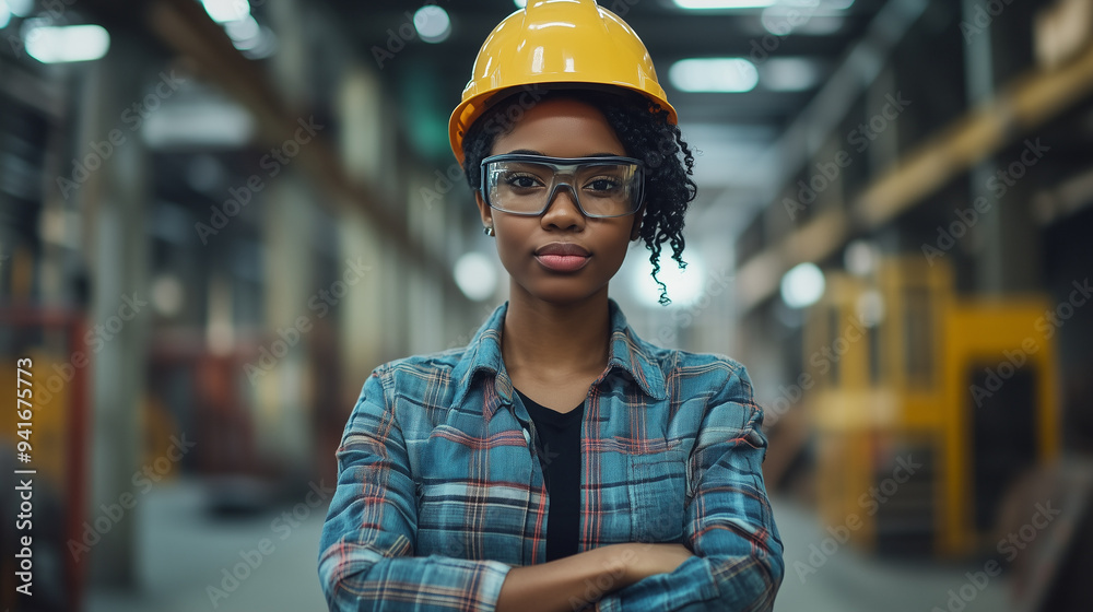 Young female engineer is standing with her arms crossed in a factory wearing a hard hat and safety glasses