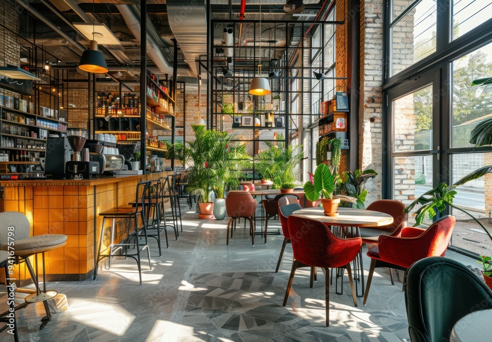Naklejka premium Modern Cafe Interior Design with Rustic Elements