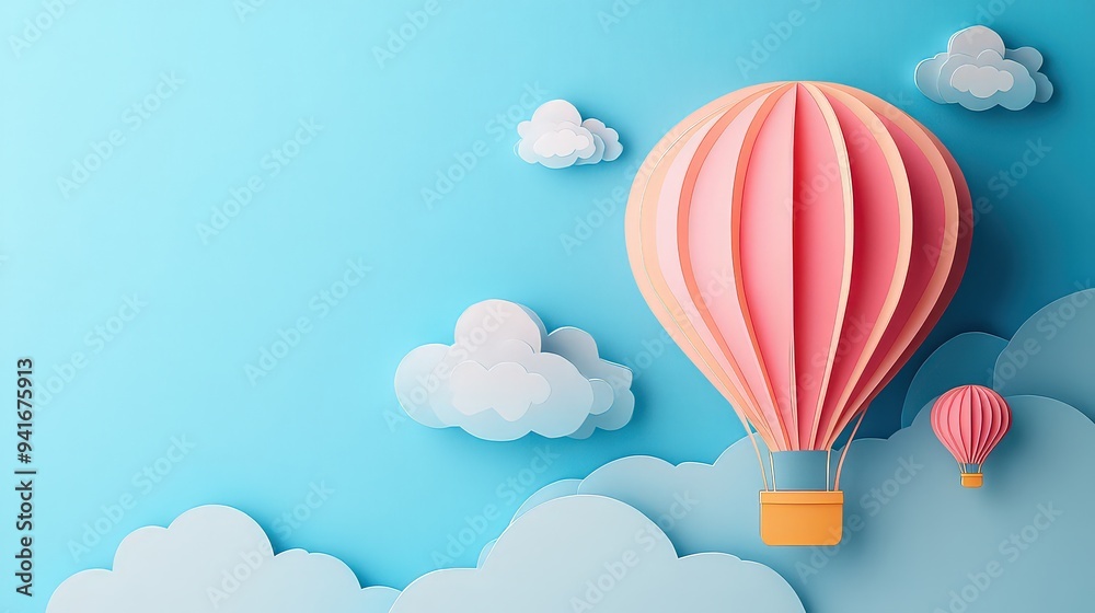 Fototapeta premium Pink hot air balloon floating among clouds in a blue sky.