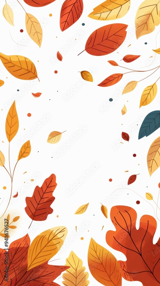 Autumn leaves scattered on a white backdrop, vertical composition, minimalist design.. Autumn leaves scattered on a white backdrop, vertical composition, minimalist design..