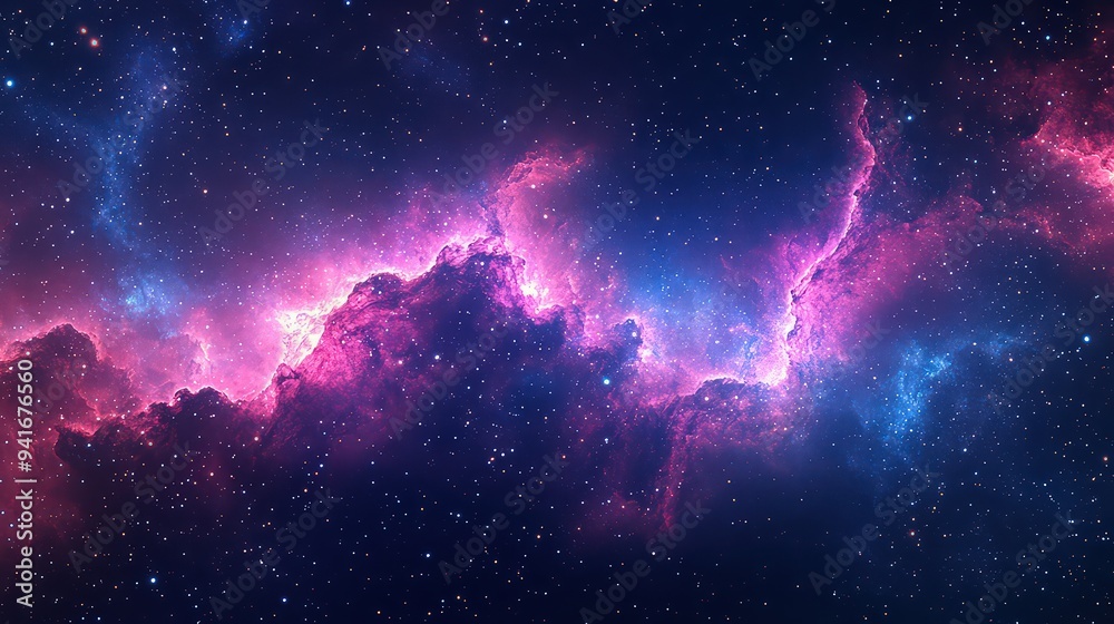 A vibrant cosmic nebula with pink and blue hues in deep space.