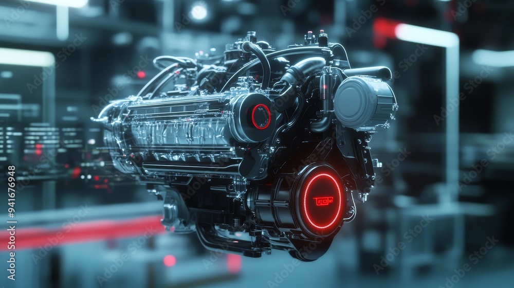 Fototapeta premium A sleek, high-tech visualization of a hybrid car engine, showcasing the intricate design and advanced technology. The engine represents power, efficiency, and the future of transportation.