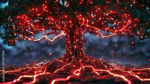 Glowing tree with red lights on branches and roots.