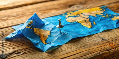 A bright blue map pin marks a specific location on a worn, unfolded world map, surrounded by crumpled edges and creased folds, on a wooden surface. photo