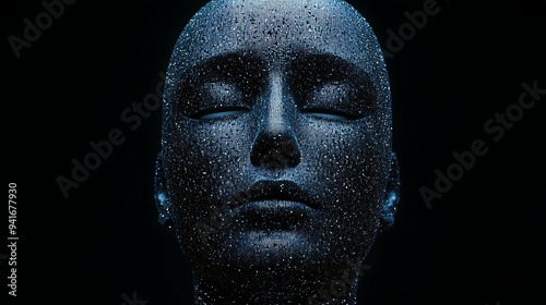 Abstract digital face composed of glowing blue pixels on a dark background, representing AI, futuristic technology, and advanced cyber intelligence.