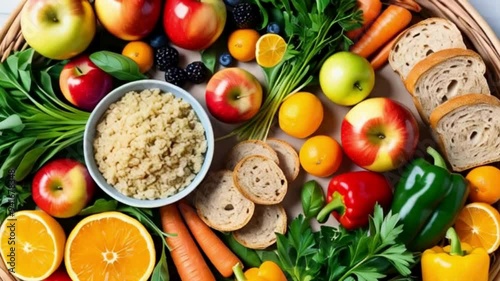 Healthy Food Platter with Quinoa, Fruit, Vegetables, and Bread