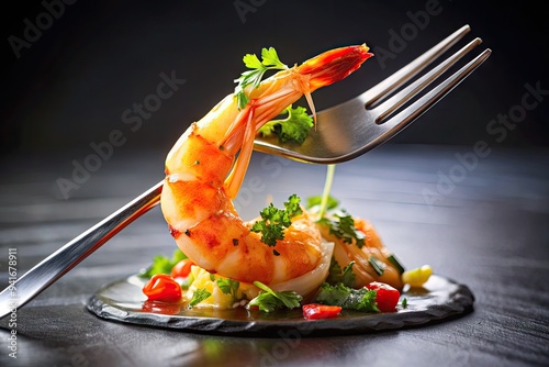 Epicurean Shrimp Dance: Shrimp gracefully twirled on a fork, capturing the artistry and enjoyment of fine dining. photo