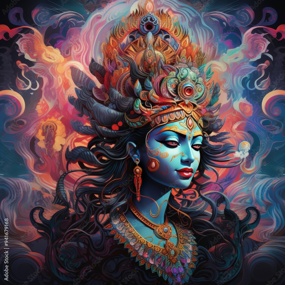 A vibrant depiction of a goddess with intricate details and a cosmic background. A vibrant depiction of a goddess with intricate details and a cosmic background.