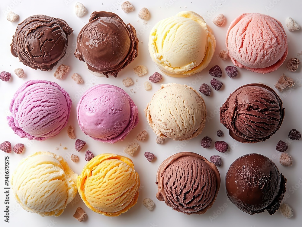 artfully arranged scoops of gourmet ice cream in various flavors vibrant colors and textures pop against a crisp white background showcasing the frozen treats artfully arranged scoops of gourmet ice cream in various flavors vibrant colors and textures pop against a crisp white background showcasing the frozen treats
