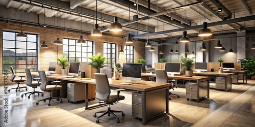 Ergonomic Elegance: Sleek industrial interior, ergonomically designed workstations, soft lighting, earthy tones photo