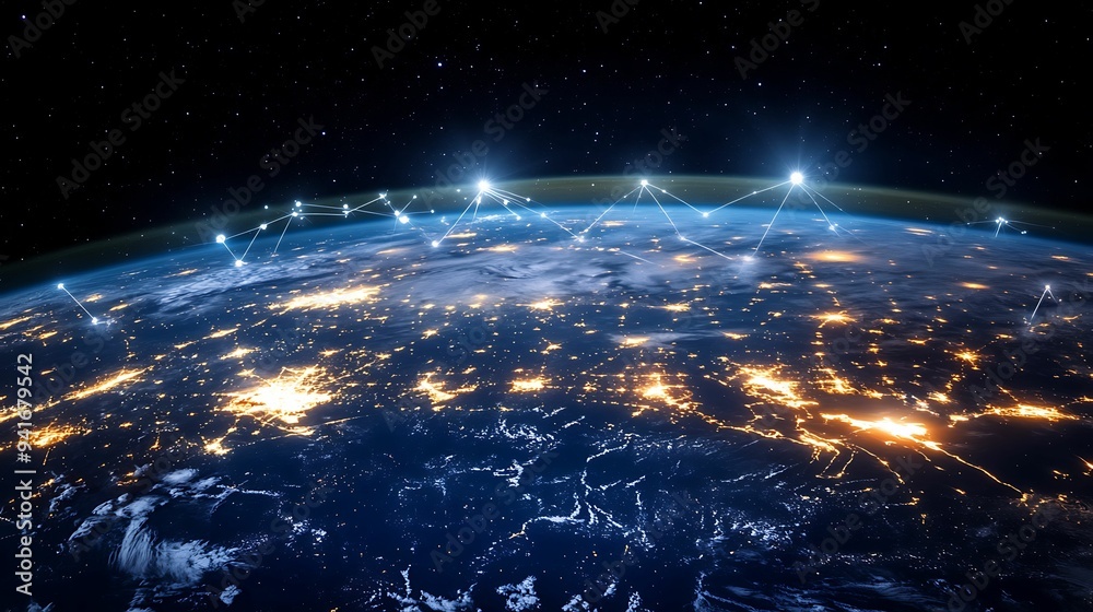 A stunning view of Earth from space, showcasing a global network of illuminated connections across continents, symbolizing worldwide digital connectivity and communication. A stunning view of Earth from space, showcasing a global network of illuminated connections across continents, symbolizing worldwide digital connectivity and communication.
