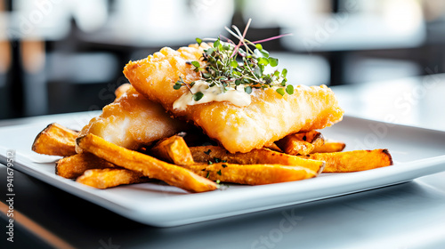 Gourmet Fusion Style A modern twist on fish and chips with tempura-battered fish and sweet potato fries, elegantly plated with a drizzle of aioli and garnished with microgreens photo