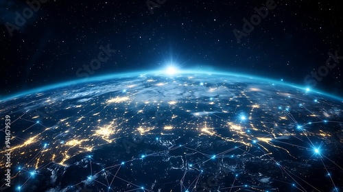 Fototapeta Naklejka Na Ścianę i Meble -  A view of Earth from space showcasing a global digital network with glowing blue connections linking various locations, symbolizing worldwide communication and connectivity.