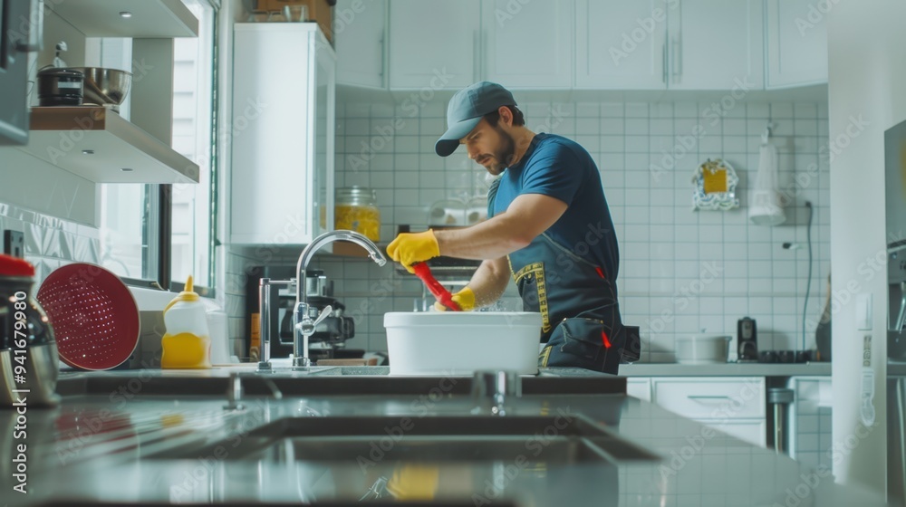 The man washing dishes The man washing dishes