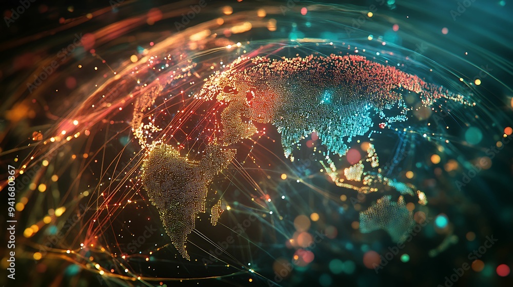 A vibrant digital representation of the Earth with dynamic data flow lines, showcasing global connectivity and advanced technology in a futuristic design. A vibrant digital representation of the Earth with dynamic data flow lines, showcasing global connectivity and advanced technology in a futuristic design.