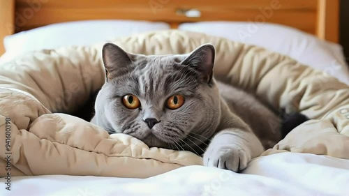 Wallpaper Mural Gray cat with yellow eyes relaxing on a bed with white and cream bedding. Torontodigital.ca