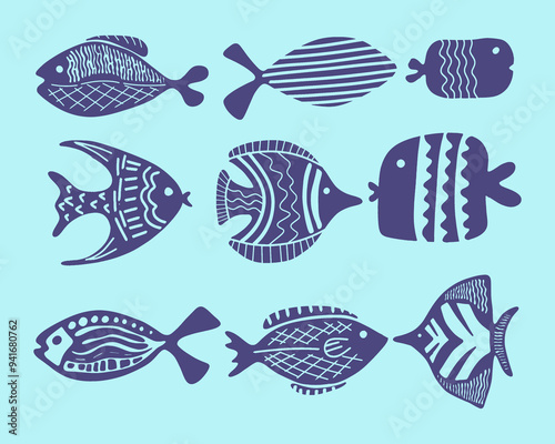 Fish collection marine life element clip art sea animal  vector silhouette isolated editable photo