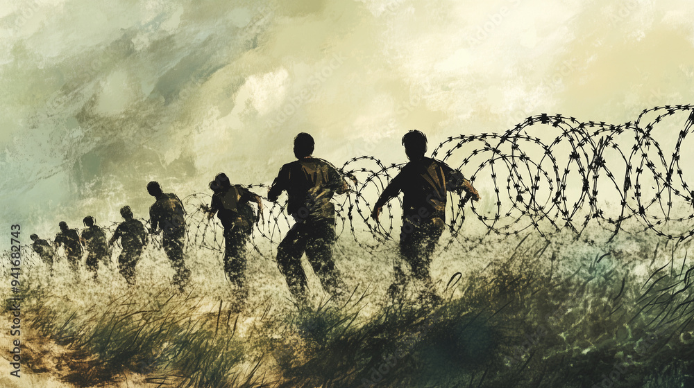 Fototapeta premium Group of refugees bravely escaping through a barbed wire fence at the border, seeking safety and freedom, facing desperation, fear, and uncertainty on their journey to a new life