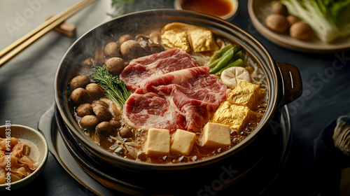 Luxury Dining Style An upscale, luxurious presentation of Mala Shabu with high-quality ingredients like Wagyu beef, exotic mushrooms, and golden tofu, served in a refined hot pot with delicate porcela