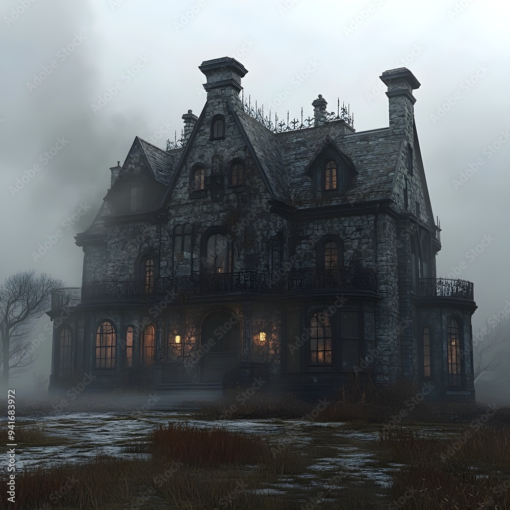 Obraz premium Haunted Victorian Mansion in Ominous Nighttime Atmosphere with Ornate Architecture and Chiaroscuro Lighting