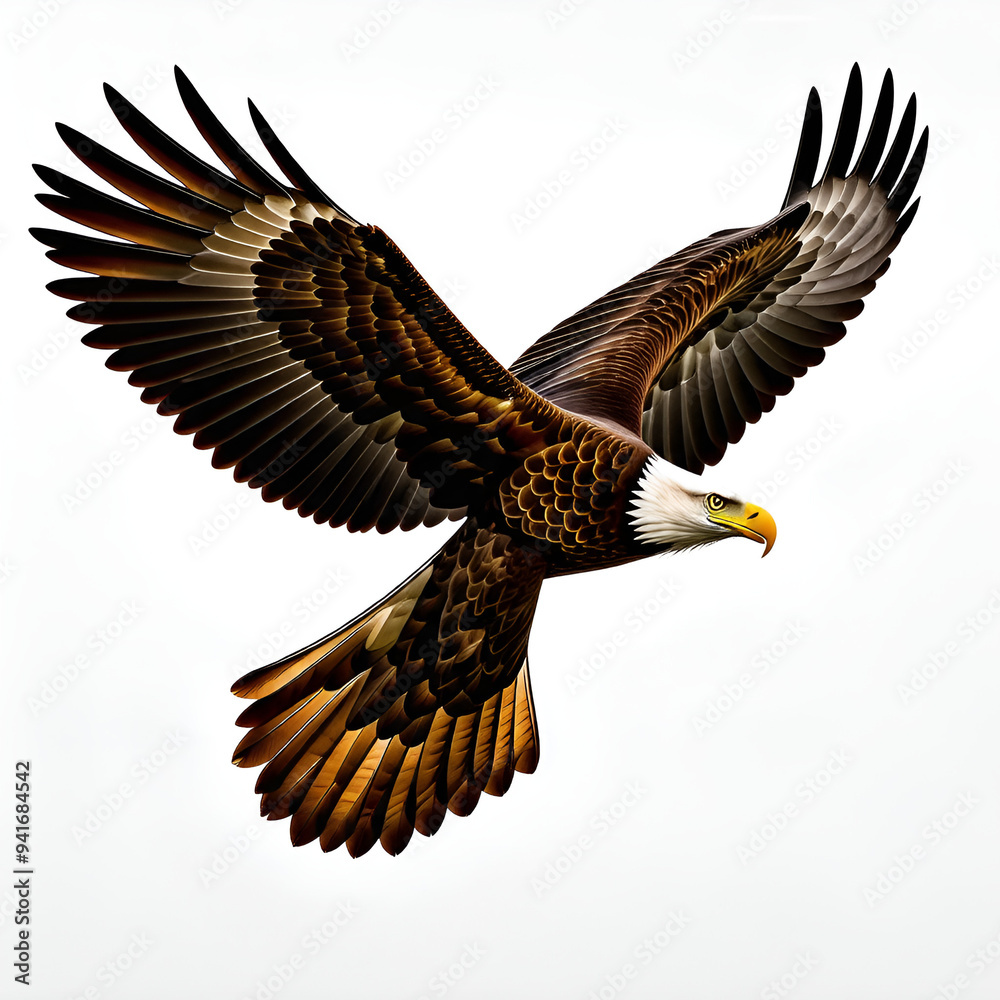 Fototapeta premium A soaring eagle with its wings outstretched in mid-flight on a white background.