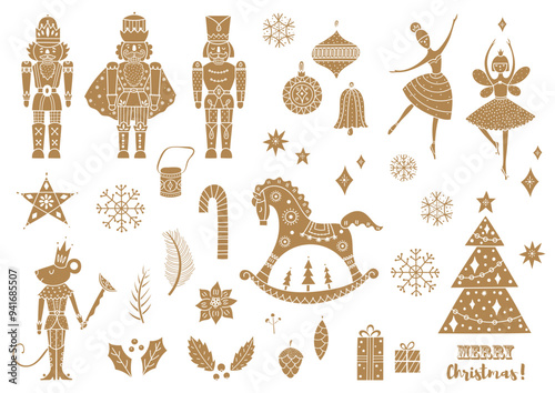  Gold Nutcracker. Set.Silhouettes  Magic vector illustration. Coloring page. Transparent background.