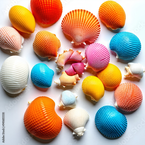 A collection of colorful seashells arranged in a spiral pattern on a white background.