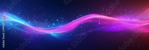 Abstract futuristic background with glowing neon light lines on dark blue, purple and pink colors. Digital technology concept. Abstract wave moving fast in space