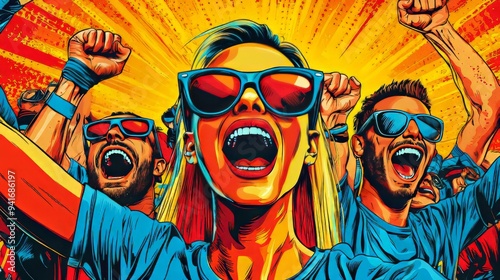 Vibrant pop art illustration of excited sports fans photo