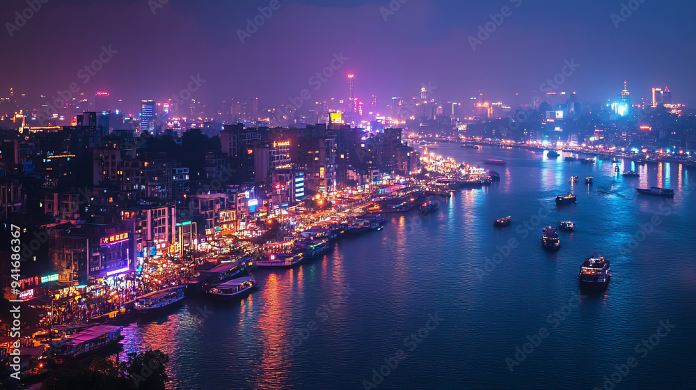 A bustling city at night with radiant lights from buildings and streets creating a vibrant glow A bustling city at night with radiant lights from buildings and streets creating a vibrant glow
