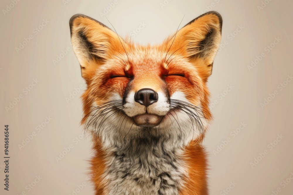 Fototapeta premium Close-Up of a Smiling Fox with Closed Eyes Against Neutral Background
